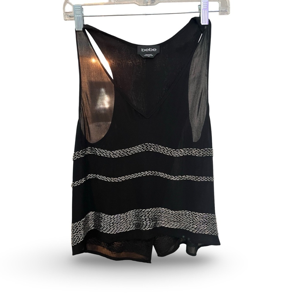 Bebe Elegant Black Sheer Top with Silver Beaded Stripes S/P